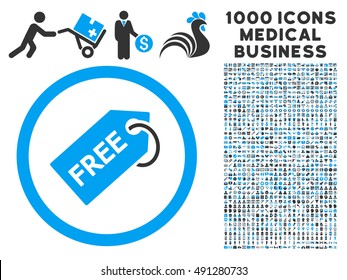 Blue And Gray Free Tag vector bicolor rounded icon. Image style is a flat icon symbol inside a circle, white background. Bonus set is 1000 medical business pictograms.