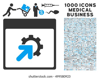 Blue And Gray Gear Integration Calendar Page vector icon with 1000 medical business pictograms. Set style is flat bicolor symbols, blue and gray colors, white background.