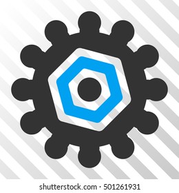 Blue And Gray Gear interface icon. Vector pictogram style is a flat bicolor symbol on diagonal hatch transparent background.