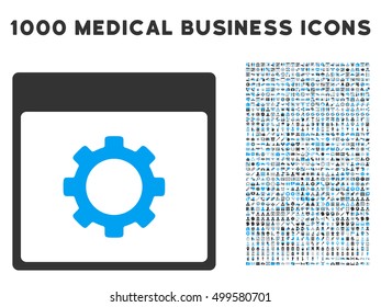 Blue And Gray Gear Options Calendar Page vector icon with 1000 medical business pictograms. Set style is flat bicolor symbols, blue and gray colors, white background.