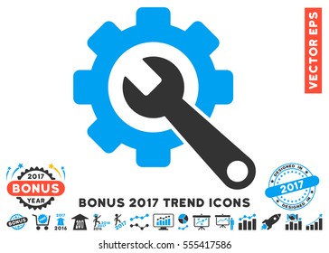 Blue And Gray Gear And Wrench pictogram with bonus 2017 year trend clip art. Vector illustration style is flat iconic bicolor symbols, white background.