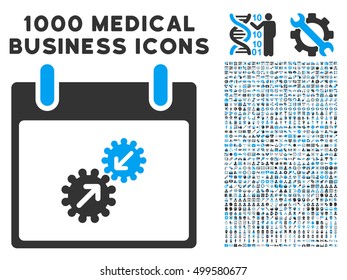 Blue And Gray Gears Integration Calendar Day vector icon with 1000 medical business pictograms. Set style is flat bicolor symbols, blue and gray colors, white background.