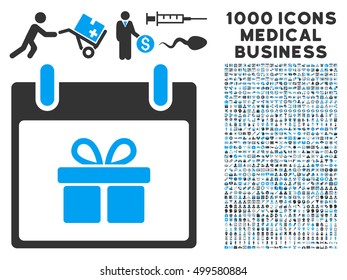 Blue And Gray Gift Box Calendar Day vector icon with 1000 medical business pictograms. Set style is flat bicolor symbols, blue and gray colors, white background.
