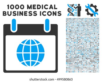 Blue And Gray Globe Calendar Day vector icon with 1000 medical business pictograms. Set style is flat bicolor symbols, blue and gray colors, white background.