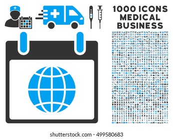 Blue And Gray Globe Calendar Page vector icon with 1000 medical business pictograms. Set style is flat bicolor symbols, blue and gray colors, white background.