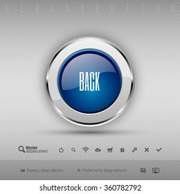 Blue and gray glossy button with set of icons. Vector business design elements.