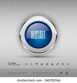 Blue and gray glossy button with set of icons. Vector business design elements.