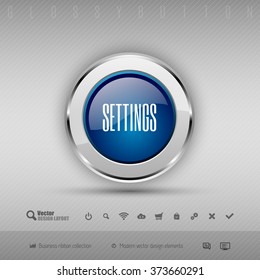 Blue and gray glossy button with set of icons. Vector business design element.