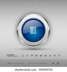 Blue and gray glossy button with set of icons. Vector business design elements.