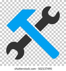 Blue And Gray Hammer and Wrench interface toolbar icon. Vector pictograph style is a flat bicolor symbol on chess transparent background.