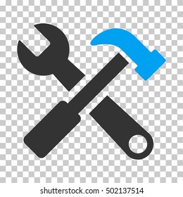 Blue And Gray Hammer and Wrench interface toolbar icon. Vector pictogram style is a flat bicolor symbol on chess transparent background.