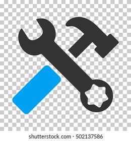 Blue And Gray Hammer and Wrench interface pictogram. Vector pictograph style is a flat bicolor symbol on chess transparent background.