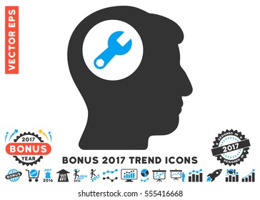 Blue And Gray Head Wrench icon with bonus 2017 trend images. Vector illustration style is flat iconic bicolor symbols, white background.
