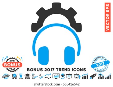 Blue And Gray Headphones Configuration Gear icon with bonus 2017 year trend pictograph collection. Vector illustration style is flat iconic bicolor symbols, white background.