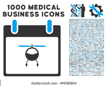 Blue And Gray Helicopter Calendar Day vector icon with 1000 medical business pictograms. Set style is flat bicolor symbols, blue and gray colors, white background.