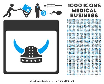 Blue And Gray Horned Ancient Helmet Calendar Page vector icon with 1000 medical business pictograms. Set style is flat bicolor symbols, blue and gray colors, white background.