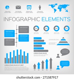 Blue and gray infographic elements. Collection of vector illustration elements with world map and icons.