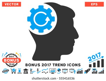 Blue And Gray Intellect Gear Rotation pictograph with bonus 2017 trend design elements. Vector illustration style is flat iconic bicolor symbols, white background.