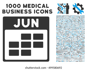 Blue And Gray June Calendar Grid vector icon with 1000 medical business pictograms. Set style is flat bicolor symbols, blue and gray colors, white background.