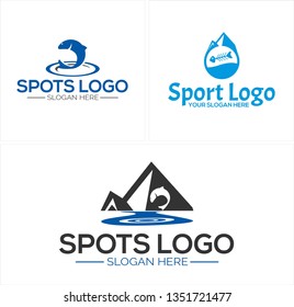 Blue gray line art fish hill puddle combination mark logo design concept vector suitable for fishing company service guided