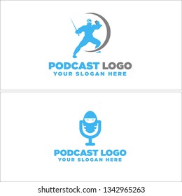Blue gray line art swash sword curve month microphone smile warrior combination mark logo design concept suitable for entertainment podcast headphones show listening