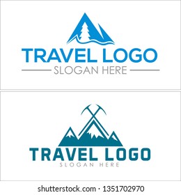 Blue gray line art tree ax hill ribbon combination mark logo design concept vector suitable for skiing resorts marketing club mountain