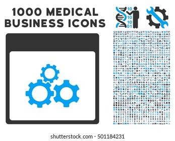 Blue And Gray Mechanics Gears Calendar Page vector icon with 1000 medical business pictograms. Set style is flat bicolor symbols, blue and gray colors, white background.