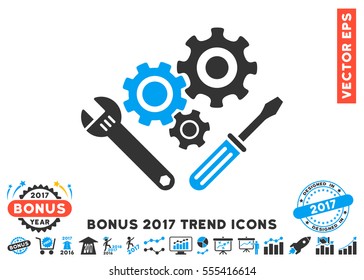Blue And Gray Mechanics Tools pictogram with bonus 2017 trend design elements. Vector illustration style is flat iconic bicolor symbols, white background.