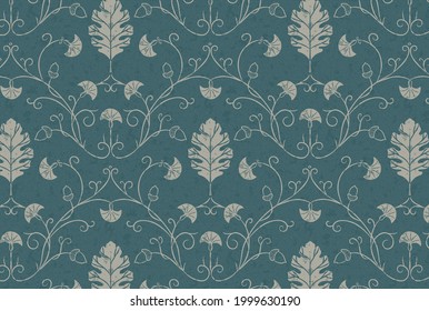 Blue and Gray, Medieval Pattern with Flowers, Ornamental Oak Leaves and Acorns. Old Style Textured Surface Pattern Design Good for Fabric, Wallpaper, Reenactor Clothes and more.