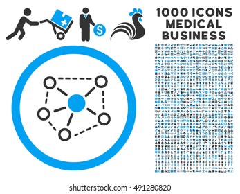 Blue And Gray Molecule Links vector bicolor rounded icon. Image style is a flat icon symbol inside a circle, white background. Bonus clipart contains 1000 medicine business pictographs.
