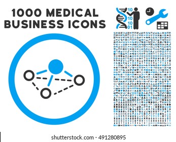 Blue And Gray Molecule vector bicolor rounded icon. Image style is a flat icon symbol inside a circle, white background. Bonus clip art contains 1000 health care business pictograms.