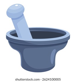 Argamassa azul e cinza e pilão estão esperando para serem usados para esmagar especiarias, ervas aromáticas ou medicamentos
