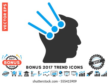 Blue And Gray Neural Interface Connectors icon with bonus 2017 year trend pictograph collection. Vector illustration style is flat iconic bicolor symbols, white background.