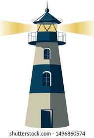 Blue and Gray Oceanic Lighthouse with Yellow Light Rays