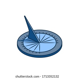 Blue gray old horizontal sundial icon. Flat isometric style. Ancient clock vector illustration for web design isolated on white background. 