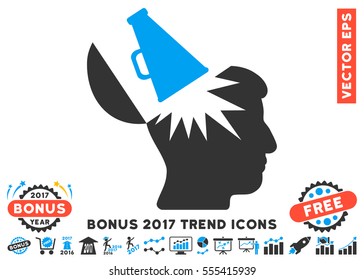 Blue And Gray Open Brain Megaphone icon with bonus 2017 trend pictograph collection. Vector illustration style is flat iconic bicolor symbols, white background.