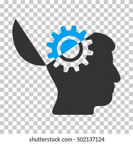 Blue And Gray Open Mind Gear interface toolbar icon. Vector pictogram style is a flat bicolor symbol on chess transparent background.
