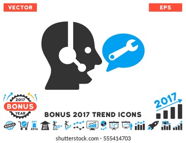 Blue And Gray Operator Service Message icon with bonus 2017 trend pictures. Vector illustration style is flat iconic bicolor symbols, white background.