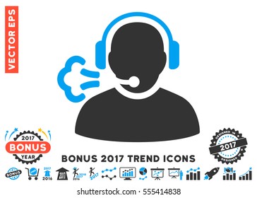 Blue And Gray Operator Speech icon with bonus 2017 year trend symbols. Vector illustration style is flat iconic bicolor symbols, white background.