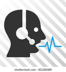Blue And Gray Operator Speech interface toolbar icon. Vector pictograph style is a flat bicolor symbol on diagonal hatch transparent background.