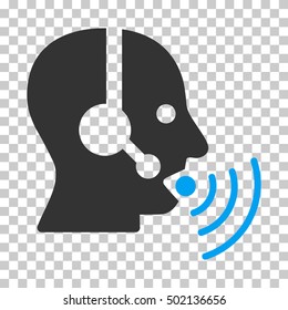 Blue And Gray Operator Talking Sound Waves toolbar pictogram. Vector pictograph style is a flat bicolor symbol on chess transparent background.