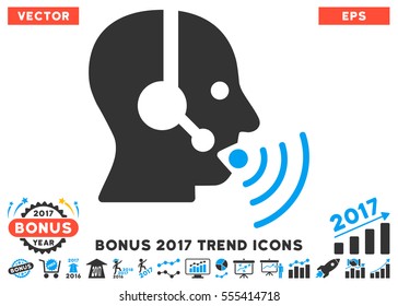 Blue And Gray Operator Talking Sound Waves icon with bonus 2017 year trend symbols. Vector illustration style is flat iconic bicolor symbols, white background.
