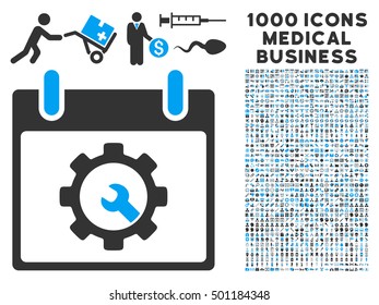 Blue And Gray Options Tools Calendar Day vector icon with 1000 medical business pictograms. Set style is flat bicolor symbols, blue and gray colors, white background.