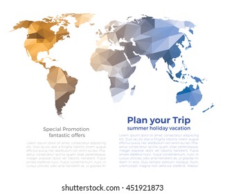 Blue gray orange world map low polygon background isolated on white, gradient shading crystal style text box poster layout, plan your trip summer holiday vacation poster.