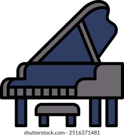 Um piano azul e cinza com um banco preto e cinza