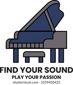 A blue and gray piano with a black and gray bench. The piano is on a white background. The piano is titled "Find Your Sound"