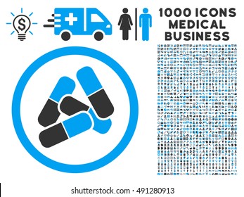 Blue And Gray Pills vector bicolor rounded icon. Image style is a flat icon symbol inside a circle, white background. Bonus set has 1000 health care business pictograms.