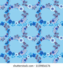 Blue, gray and pink background. Seamless abstract floral pattern. Stylish graphic design. Geometric flower vector ornament.