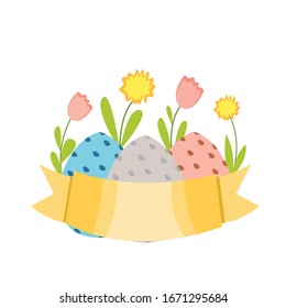 Blue, gray and pink easter eggs with dots. Orange ribbon. Spring flowers. Green leaves. Pink tulips and yellow daffodils. Template for postcard. Holiday decoration. Simple flat cartoon style. Funny