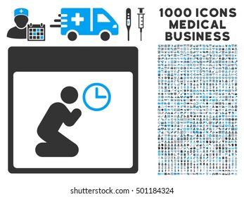 Blue And Gray Pray Clock Calendar Page vector icon with 1000 medical business pictograms. Set style is flat bicolor symbols, blue and gray colors, white background.
